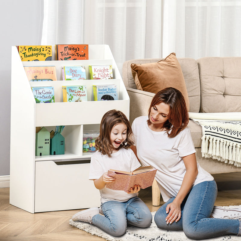 Kids Bookshelf and Toy Organiser with Drawer and Wheels for Easy Storage, White