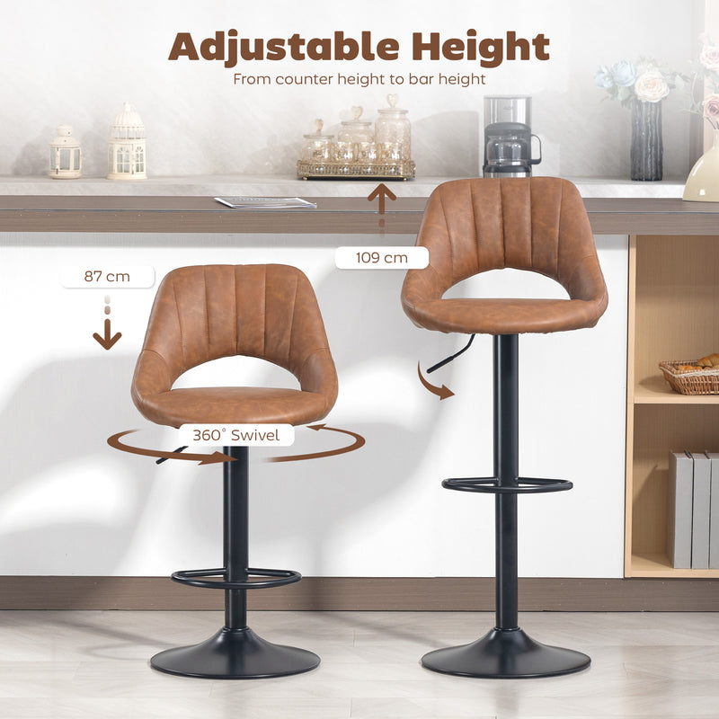 Set of 2 Swivel Bar Stools with Backrest and Footrest Ideal for Kitchen or Breakfast Bar Brown AOSOM