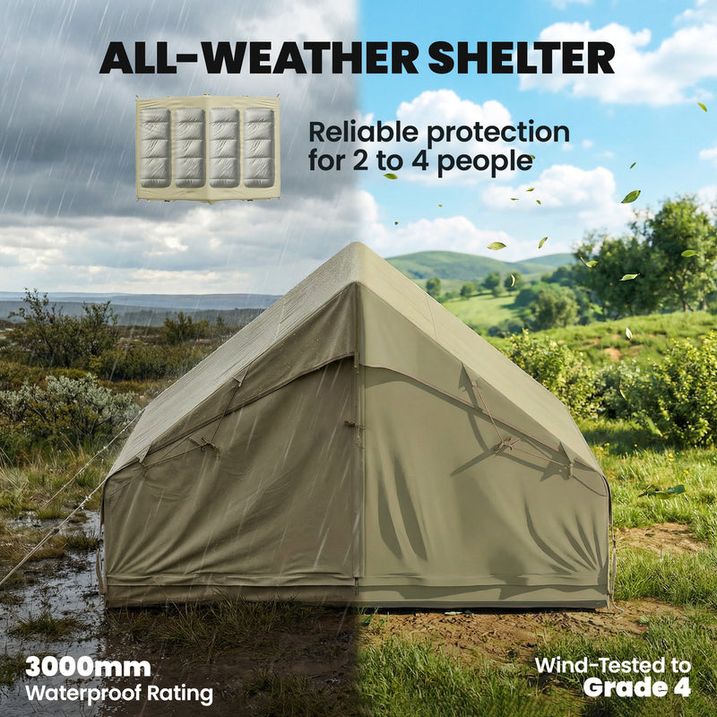 Inflatable Camping Tent With Pump, Waterproof 420D Oxford, 2–4 Person, Army Green