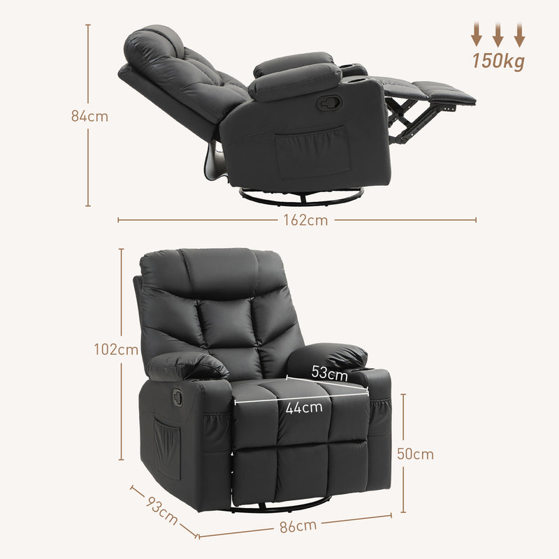 Manual Recliner Armchair With Swivel Base Cup Holders And Footrest For Living Room Black