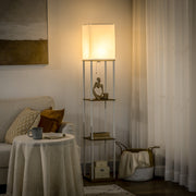 Tall Floor Lamp With Shelves And Fabric Shade For Living Room Or Bedroom, White