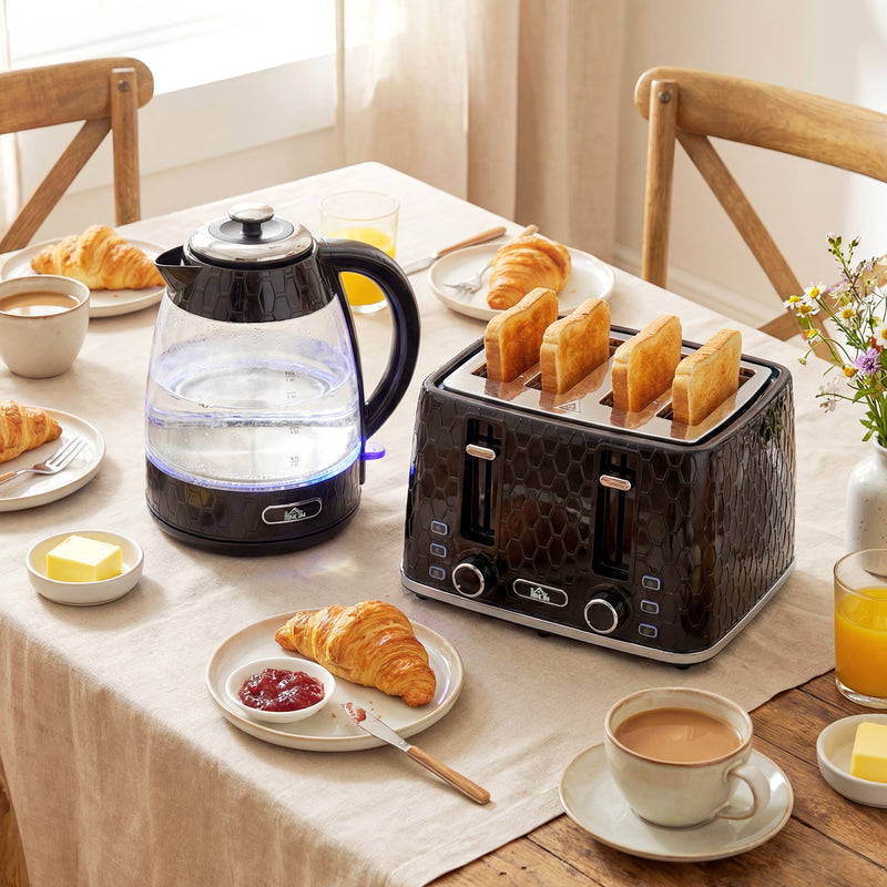 4 Slice Toaster and 17L Rapid Boil Kettle Set With Strix Control For Kitchen Use Black AOSOM