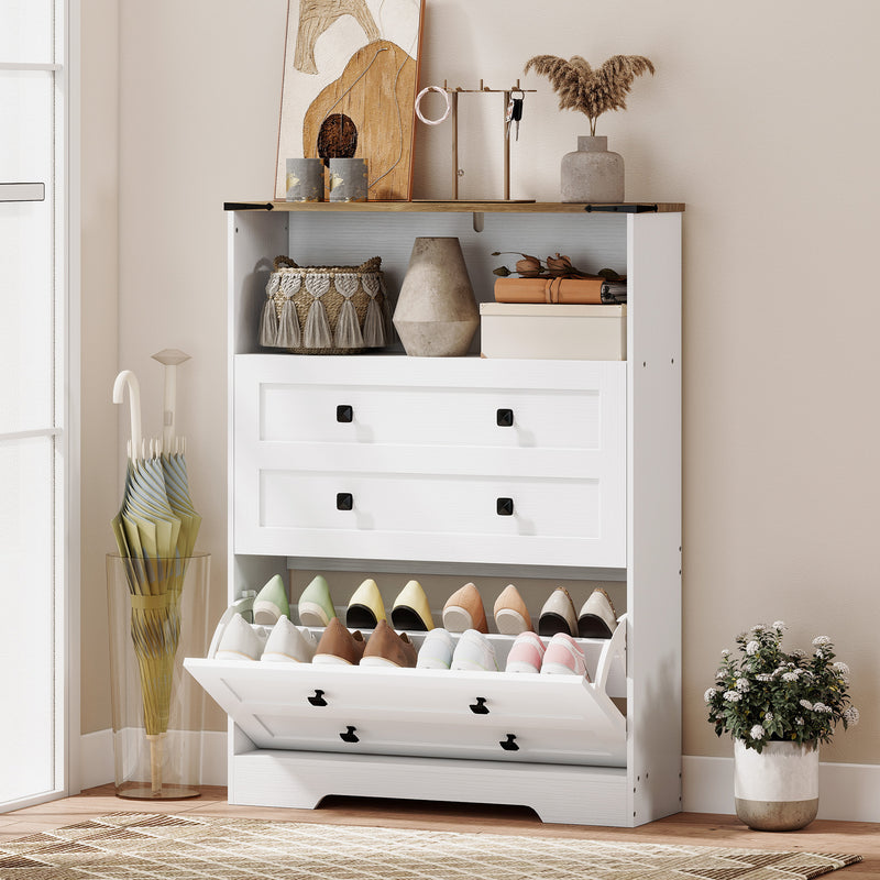 Slim Shoe Storage Cabinet for Hallway Organisation with Adjustable Shelves White Brown