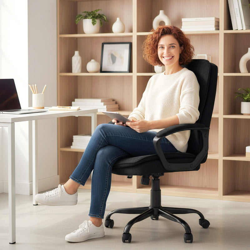 Ergonomic Office Chair With Double Padding And Linen Look Fabric For Home Workspaces Black AOSOM