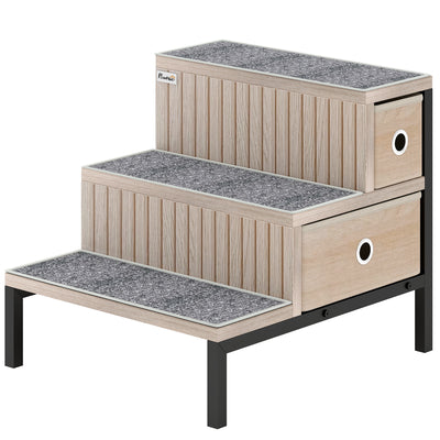 Dog Stairs with Storage and Non Slip Cover for Small Pets Ideal for Sofa or Bed Oak Tone AOSOM