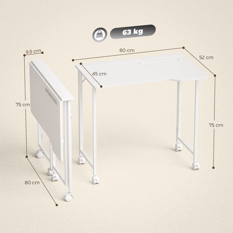 Compact Folding Desk on Wheels for Home Office or Study Space White Wood Effect AOSOM