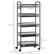 5 Tier Steel Mesh Storage Trolley with Wheels for Home or Office Organisation Black