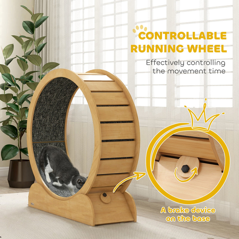 Wooden Cat Exercise Wheel with Brake for Indoor Fitness and Play, Natural