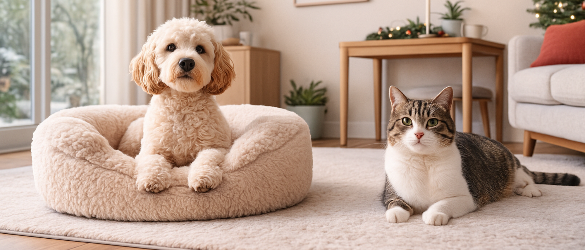 Dog and cat sitting on a rug in a cozy living room.