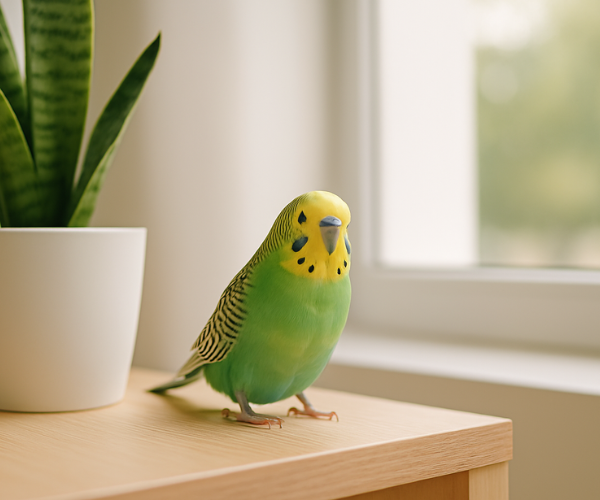 Green parakeet on a wooden surface with a plant in the background