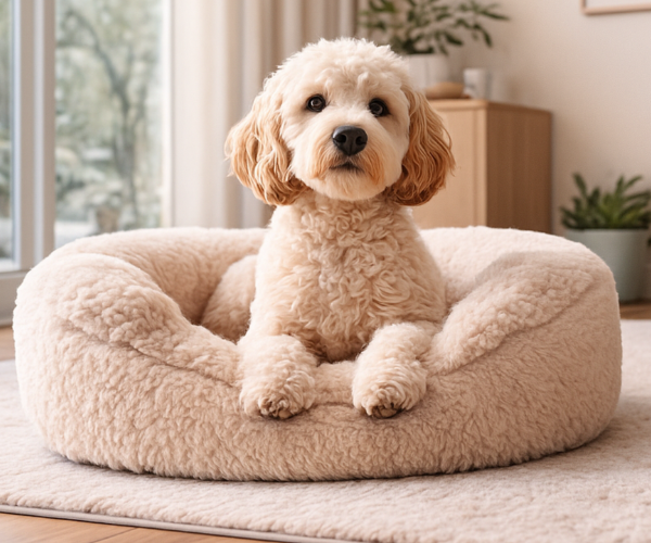 Small dog sitting on a fluffy beige pet bed in a cozy room.