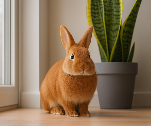Brown rabbit standing on a wooden floor next to a potted plant