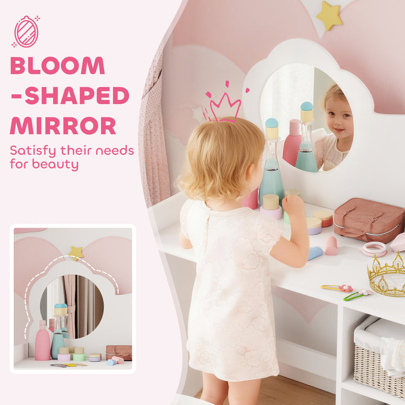 Kids Dressing Table With Mirror and Storage Shelves Includes Stool For Ages 3 to 8 White AOSOM