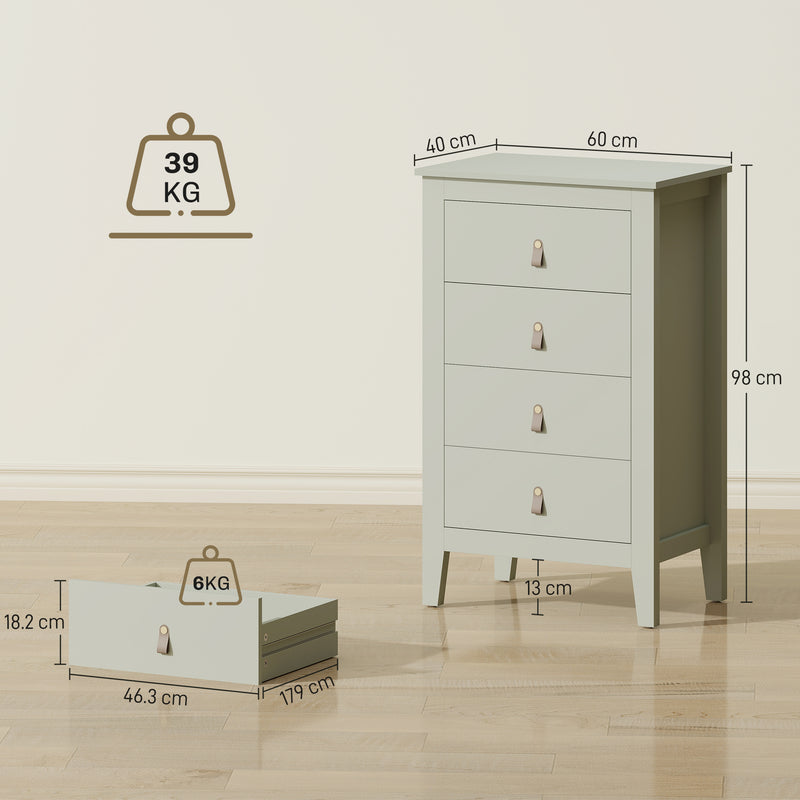 Modern 4 Drawer Chest of Drawers with PU Leather Handles for Bedroom or Hallway, Green