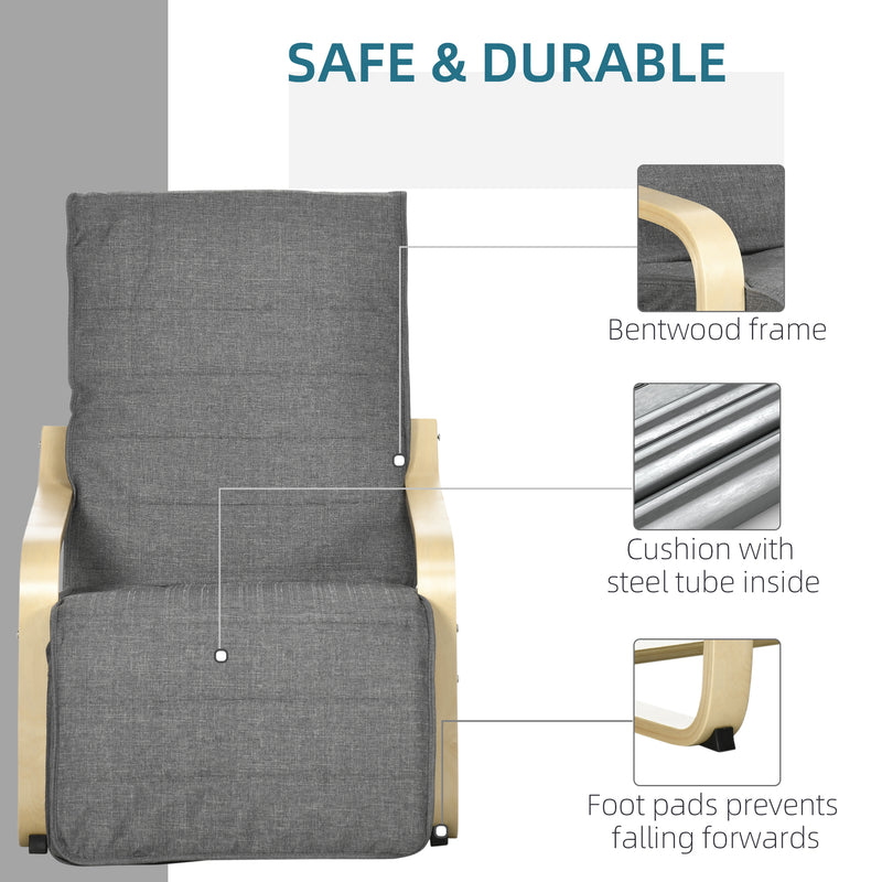 Wooden Reclining Lounger Chair with Adjustable Footrest and Removable Cushion, Dark Grey