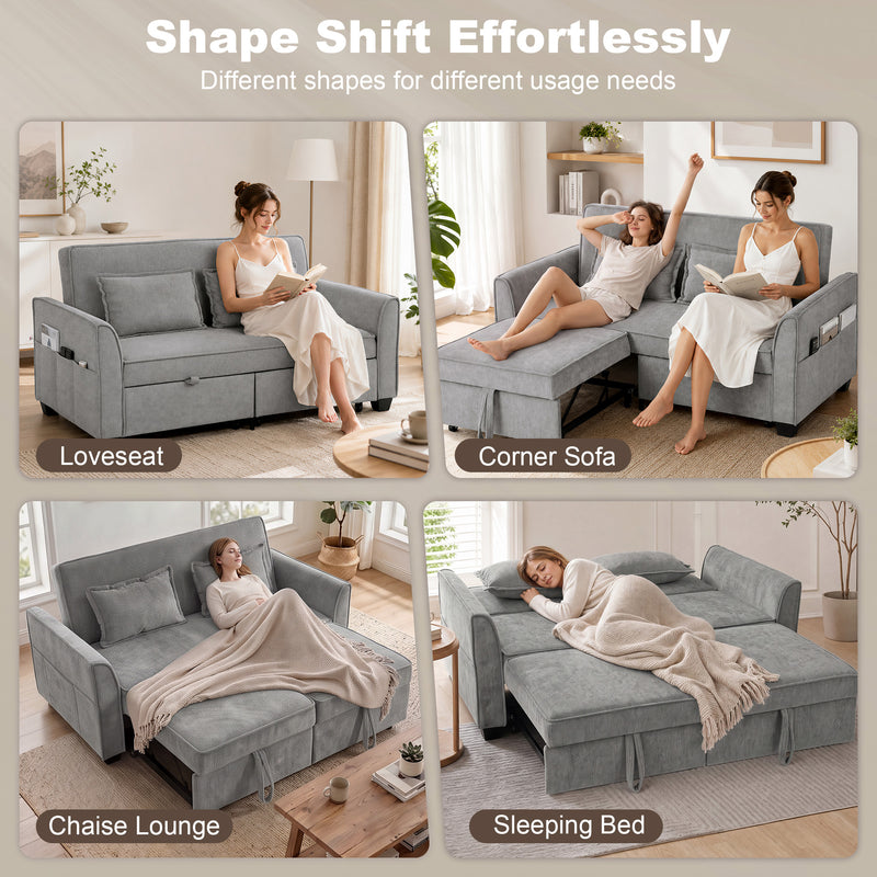 4 in 1 Sofa Bed with Independent Pull Out Beds and Storage Pockets for Small Spaces Grey