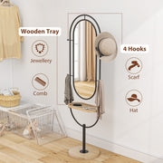 Full Length Oval Mirror with Wooden Storage Tray and 4 Coat Hooks for Hallway, Black