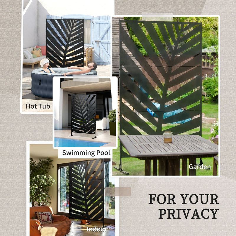 Black Metal Banana Leaf Privacy Screen With Stand For Garden Patio Or Hot Tub Use