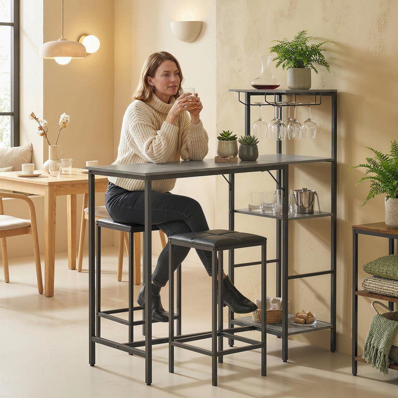Breakfast Bar Table and Stools Set with Shelves and Wine Glass Rack for Small Spaces Washed Grey AOSOM