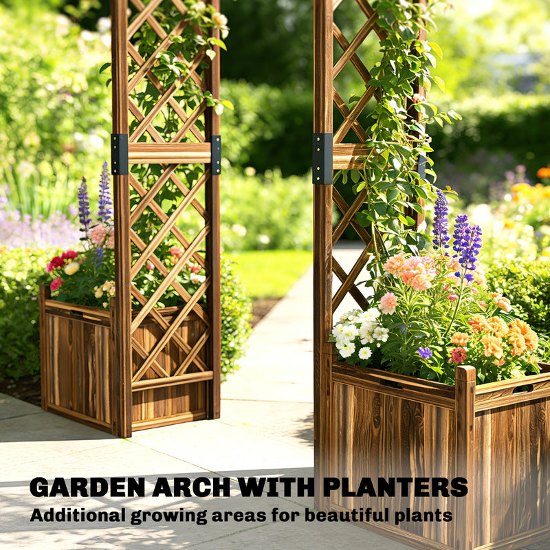 Wooden Garden Arch with Planter Boxes and Trellis Sides for Climbing Plants Carbonised