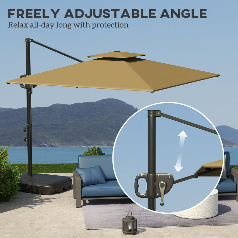 Khaki 3m Square Cantilever Parasol with Weighted Base Double Top with Crank Tilt by Outsunny