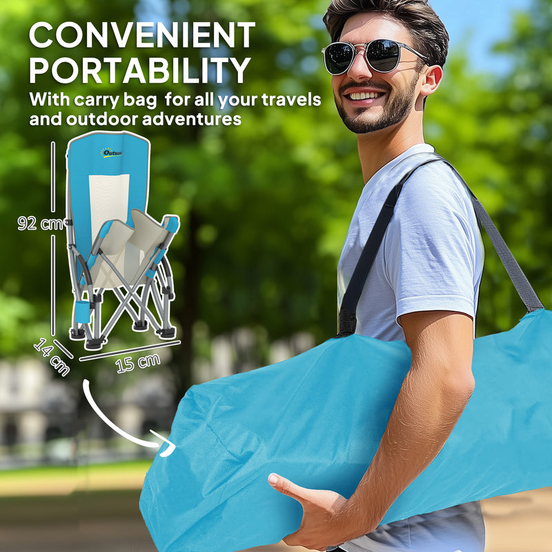 Set of 2 Blue Folding Beach Chairs with Mesh Back Carry Bag and Cup Holder for Camping