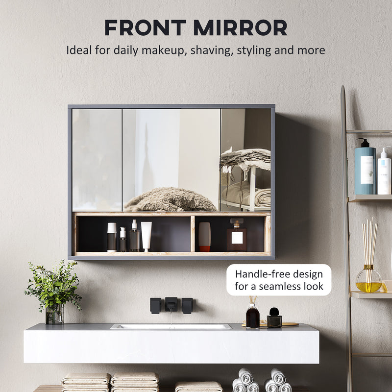 Grey Wall Mounted Bathroom Mirror Cabinet With 3 Doors and Storage by HOMCOM