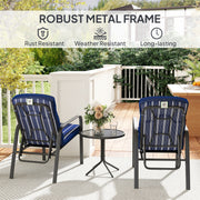 3 Piece Patio Bistro Set Adjustable Recliner Chairs with Cushions and Glass Table Blue by Outsunny