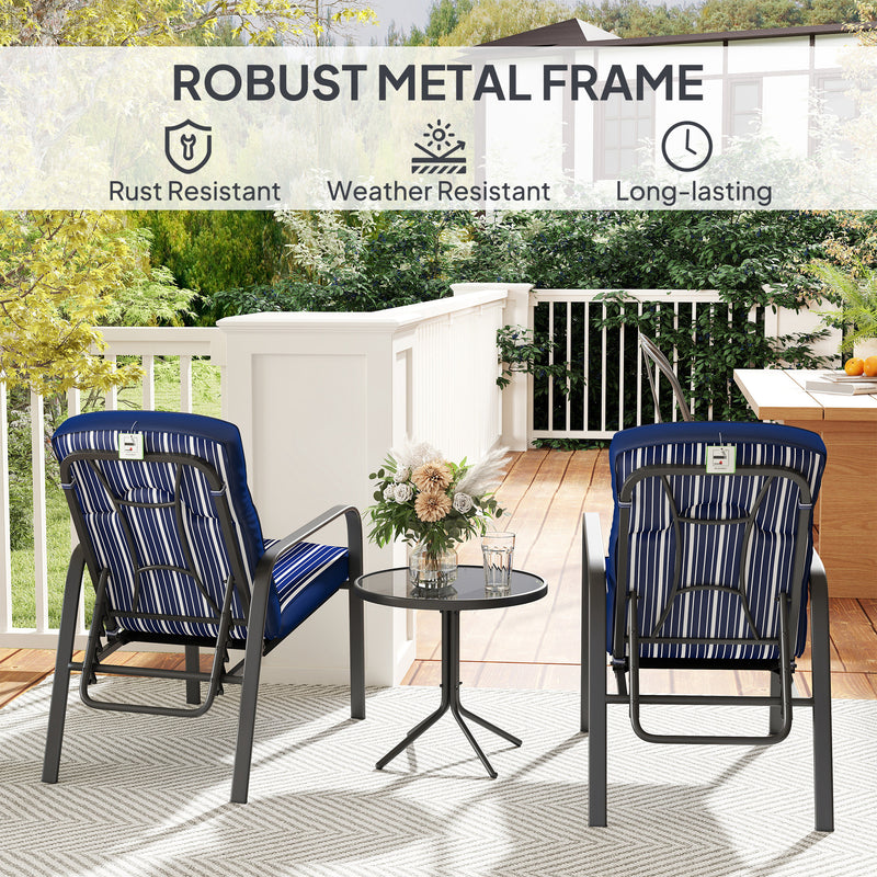 3 Piece Patio Bistro Set Adjustable Recliner Chairs with Cushions and Glass Table Blue by Outsunny