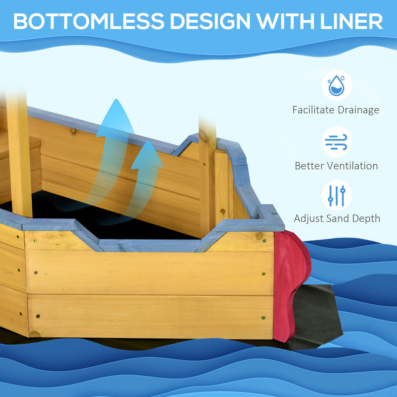 Wooden Pirate Ship Sandpit for Kids with Canopy Storage Bench and Liner Outdoor Play Brown
