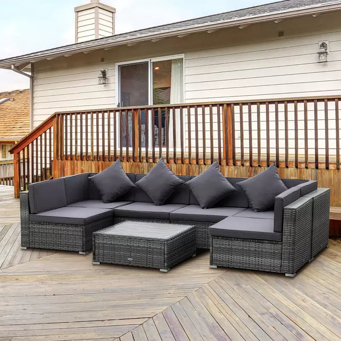 7pc Grey Wicker Patio Furniture Set with Acacia Table Top