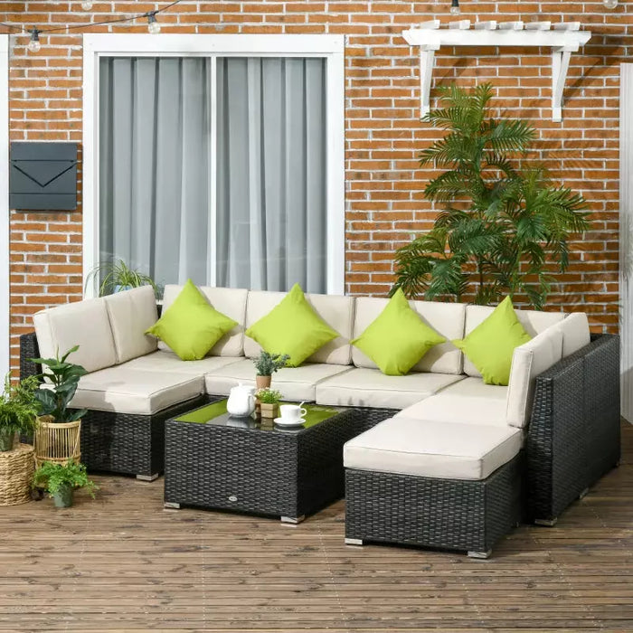 8pc Brown Rattan Corner Sofa Set with Table & Cushions