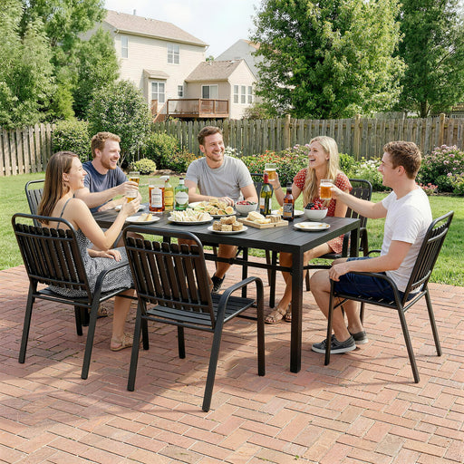 Outdoor Dining Set for 6 with Stackable Chairs and Easy Clean Table With Umbrella Hole, Black