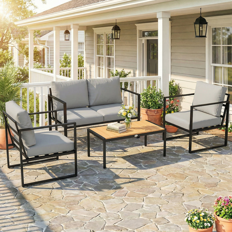 Outdoor Furniture Set with Weatherproof Frame and Quick-Drain Table for Easy Outdoor Relaxing Grey