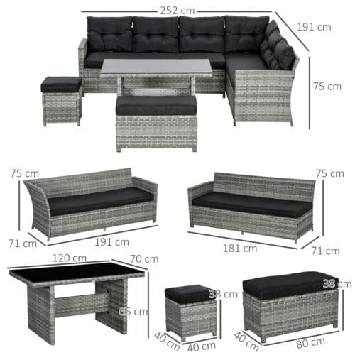 Image of an Outsunny 9 Seater Rattan Garden Sofa Set, Mixed Grey