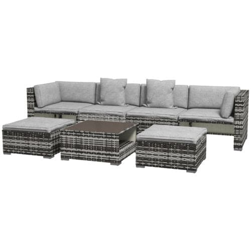 Image of an Outsunny Outdoor Rattan Sofa With Coffee Table, Footstools, Side Tables, Mixed Grey