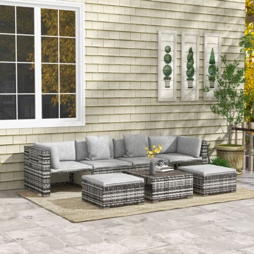 Image of an Outsunny Outdoor Rattan Sofa With Coffee Table, Footstools, Side Tables, Mixed Grey