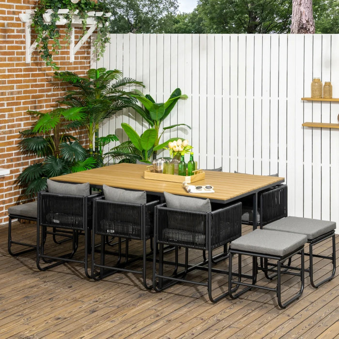 Image of an Outsunny 10 Seat Outdoor Dining Set, Space-Saving Design, Black