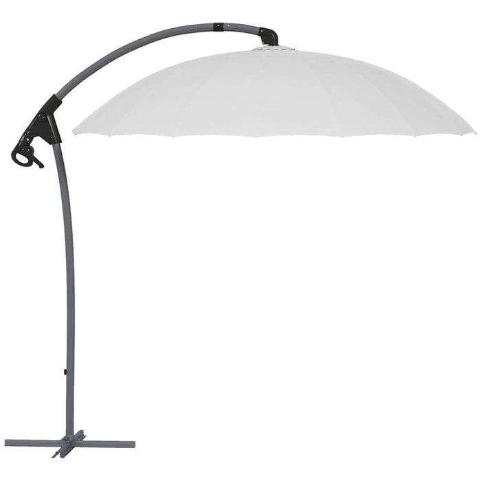 Image of a light grey Shanghai cantilever garden parasol with a cross base