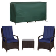 Image of a 3 Piece Patio Bistro Set with 2 brown rattan armchairs with blue cushions and a coffee table with a tempered glass tabletop