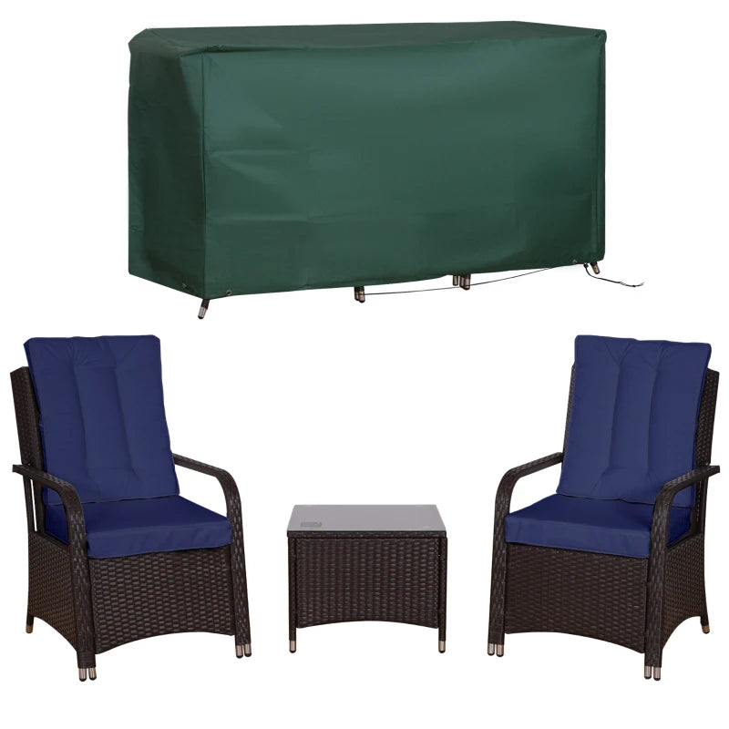 Image of a 3 Piece Patio Bistro Set with 2 brown rattan armchairs with blue cushions and a coffee table with a tempered glass tabletop