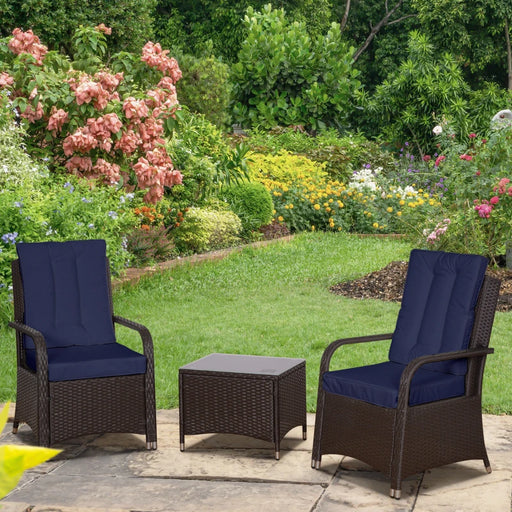 Image of a 3 Piece Patio Bistro Set with 2 brown rattan armchairs with blue cushions and a coffee table with a tempered glass tabletop