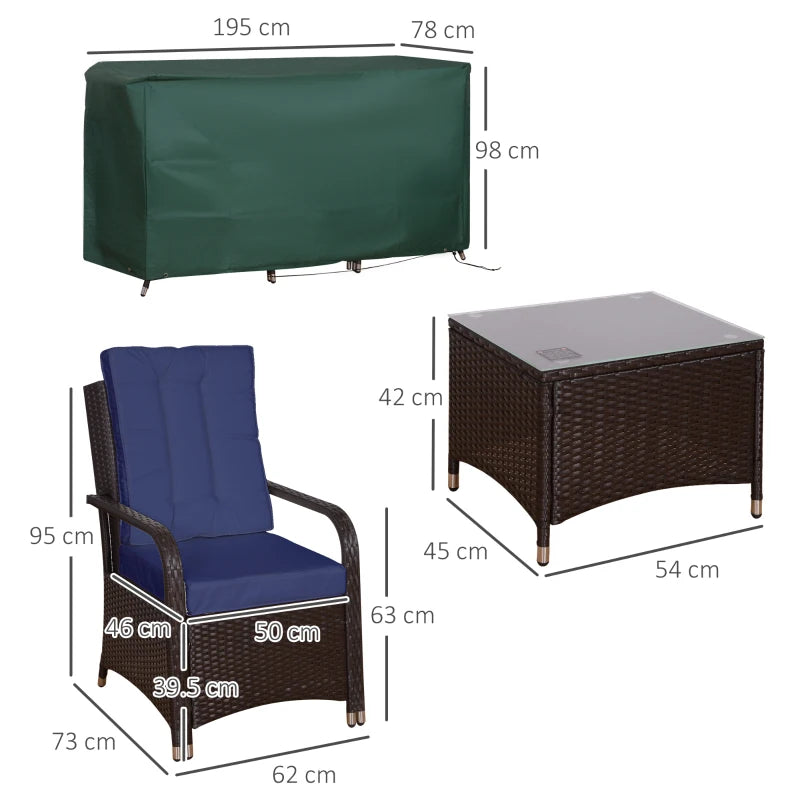 Image of a 3 Piece Patio Bistro Set with 2 brown rattan armchairs with blue cushions and a coffee table with a tempered glass tabletop