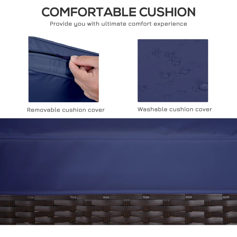 Image of a 3 Piece Patio Bistro Set with 2 brown rattan armchairs with blue cushions and a coffee table with a tempered glass tabletop