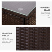 Image of a 3 Piece Patio Bistro Set with 2 brown rattan armchairs with blue cushions and a coffee table with a tempered glass tabletop