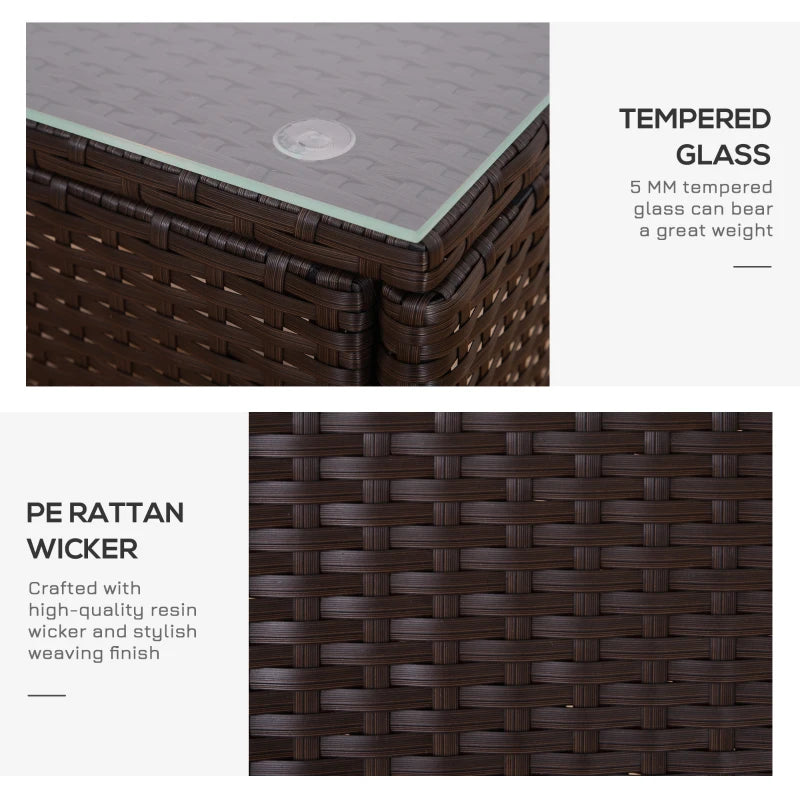 Image of a 3 Piece Patio Bistro Set with 2 brown rattan armchairs with blue cushions and a coffee table with a tempered glass tabletop