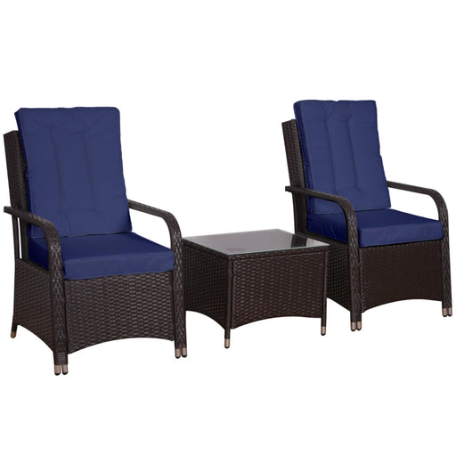Image of a 3 Piece Patio Bistro Set with 2 brown rattan armchairs with blue cushions and a coffee table with a tempered glass tabletop