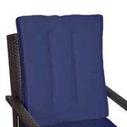 Image of a 3 Piece Patio Bistro Set with 2 brown rattan armchairs with blue cushions and a coffee table with a tempered glass tabletop