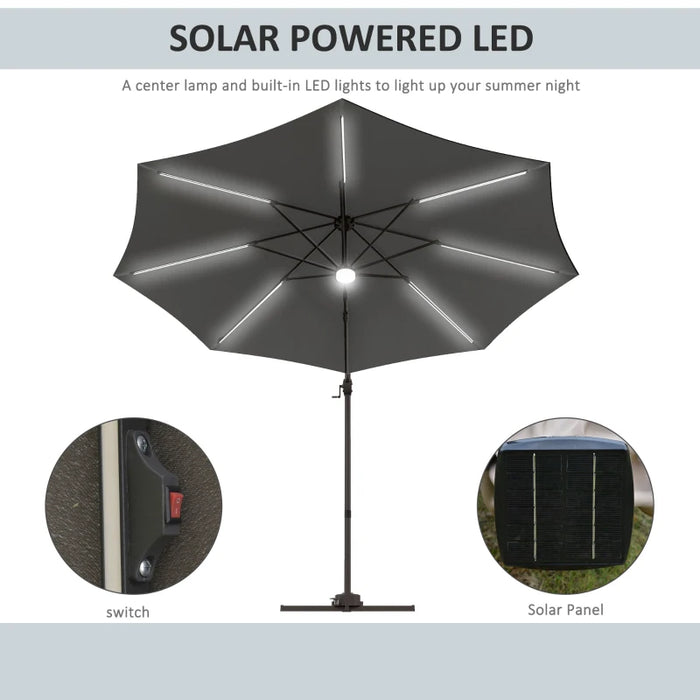 Image of a dark grey banana parasol with solar powered LED lights