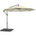 Image of a beige cantilever parasol with a weighted base